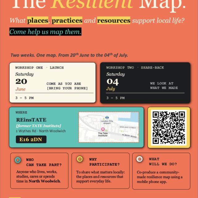We're looking forward to seeing you today at 3PM for the Resilient Map pilot, a project aiming to build a richer picture of North Woolwich.
A great chance to discuss the area and share your loved experiences.
All welcome, snacks and drinks available for free.
https://cartogrammm.com/#resilient-map
