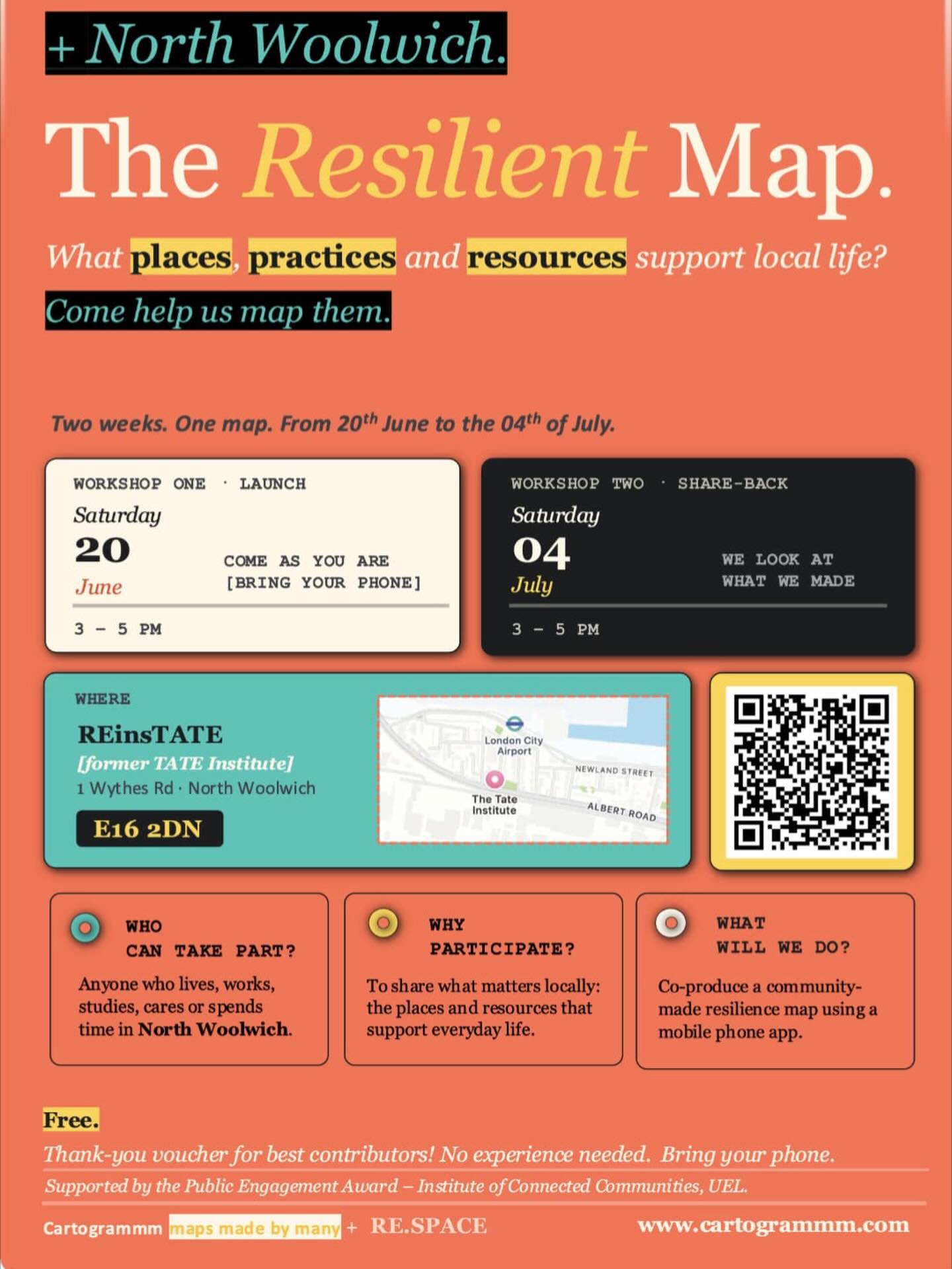 We're looking forward to seeing you today at 3PM for the Resilient Map pilot, a project aiming to build a richer picture of North Woolwich.
A great chance to discuss the area and share your loved experiences.
All welcome, snacks and drinks available for free.
https://cartogrammm.com/#resilient-map